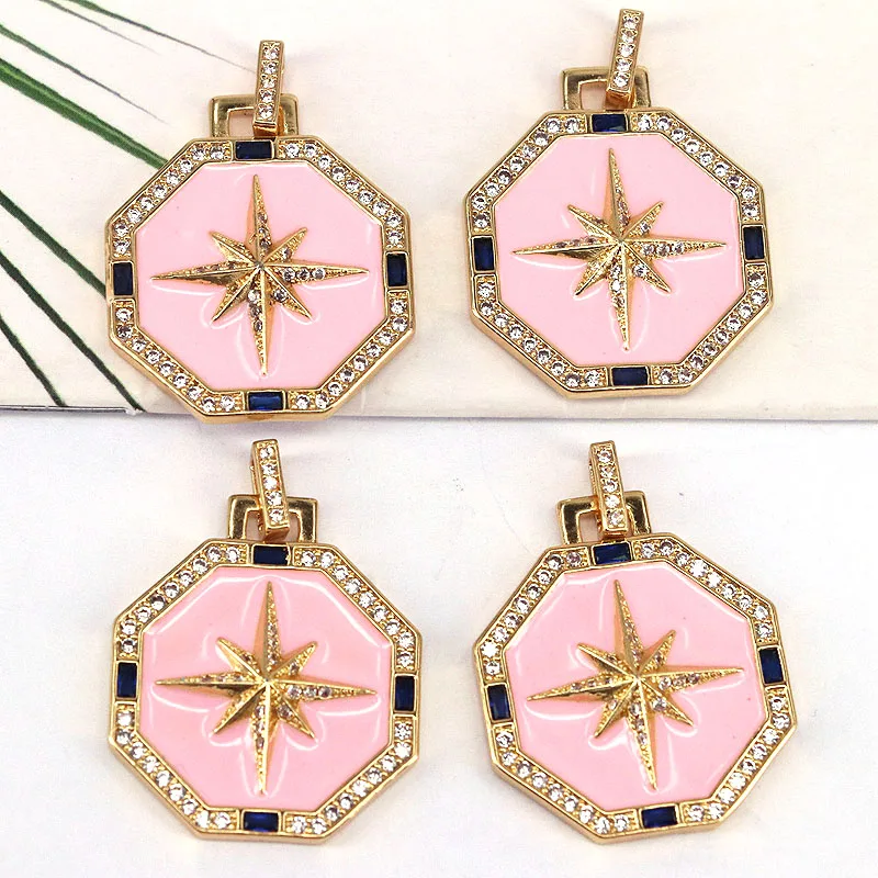 

5Pcs Gold Plated Pink Enamel Polaris Pendant, Micro Pave CZ Star Necklace, Enamel Trendy Charm, DIY Jewelry Accessorie