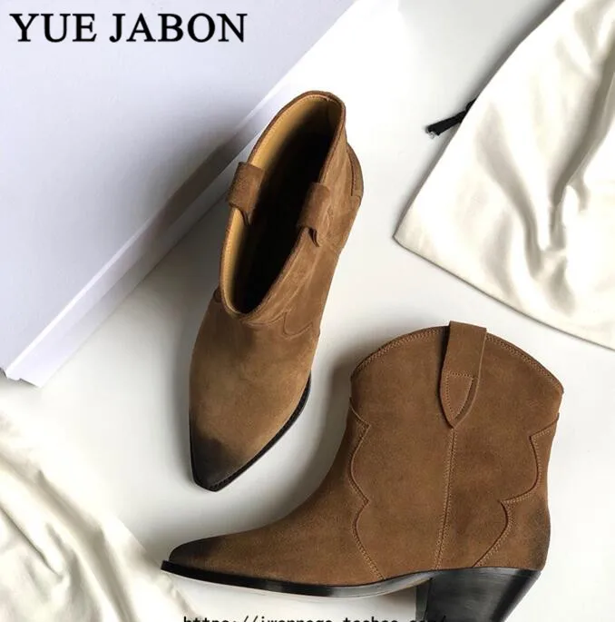 

YUE JABON Ankle Winter Boots Women Shoes Autumn Winter Pointed Toe Slip on Leather Boots Ladies Shoes Chunky High Heel Boots