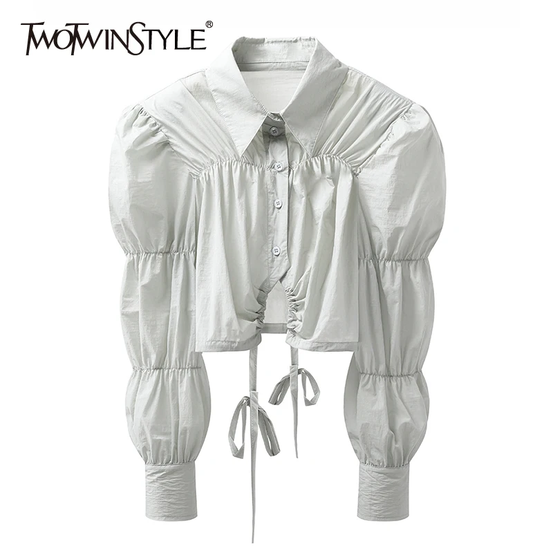 

TWOTWINSTYLE Casual Slim Folds Lace Up Patchwork Solid Blouses Female Lapel Puff Sleeve Temperament Shirt For Women Autumn Style
