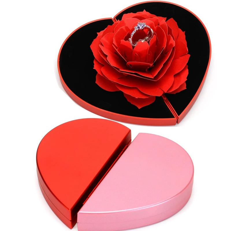 

Складная коробка для колец в форме розы, подарок на свадьбу, День Св. Валентина, помолвка, тиснение, бумажный Флак, Открытый органайзер для юв...