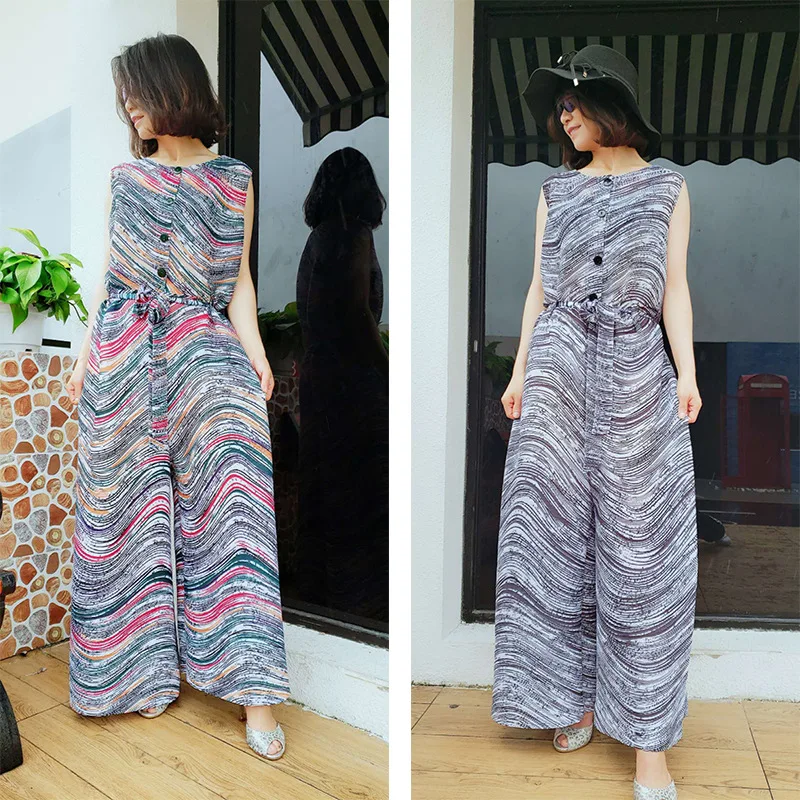 

HOT SELLING Miyake fold all the year O-NECK round Aristocratic temperament stripe printing belt jumpsuits IN STOCK