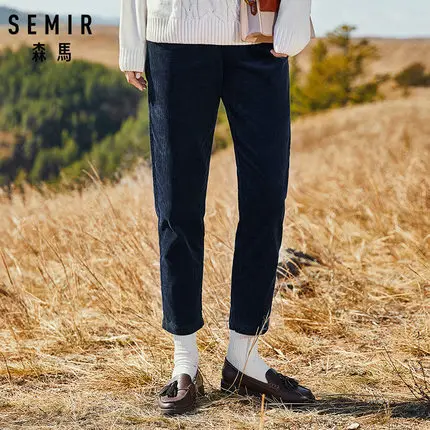 SEMIR, женские укороченные вельветовые брюки, хлопок, женские брюки классического кроя, прямые брюки с молнией и пуговицами, Ретро стиль - Цвет: dark blue