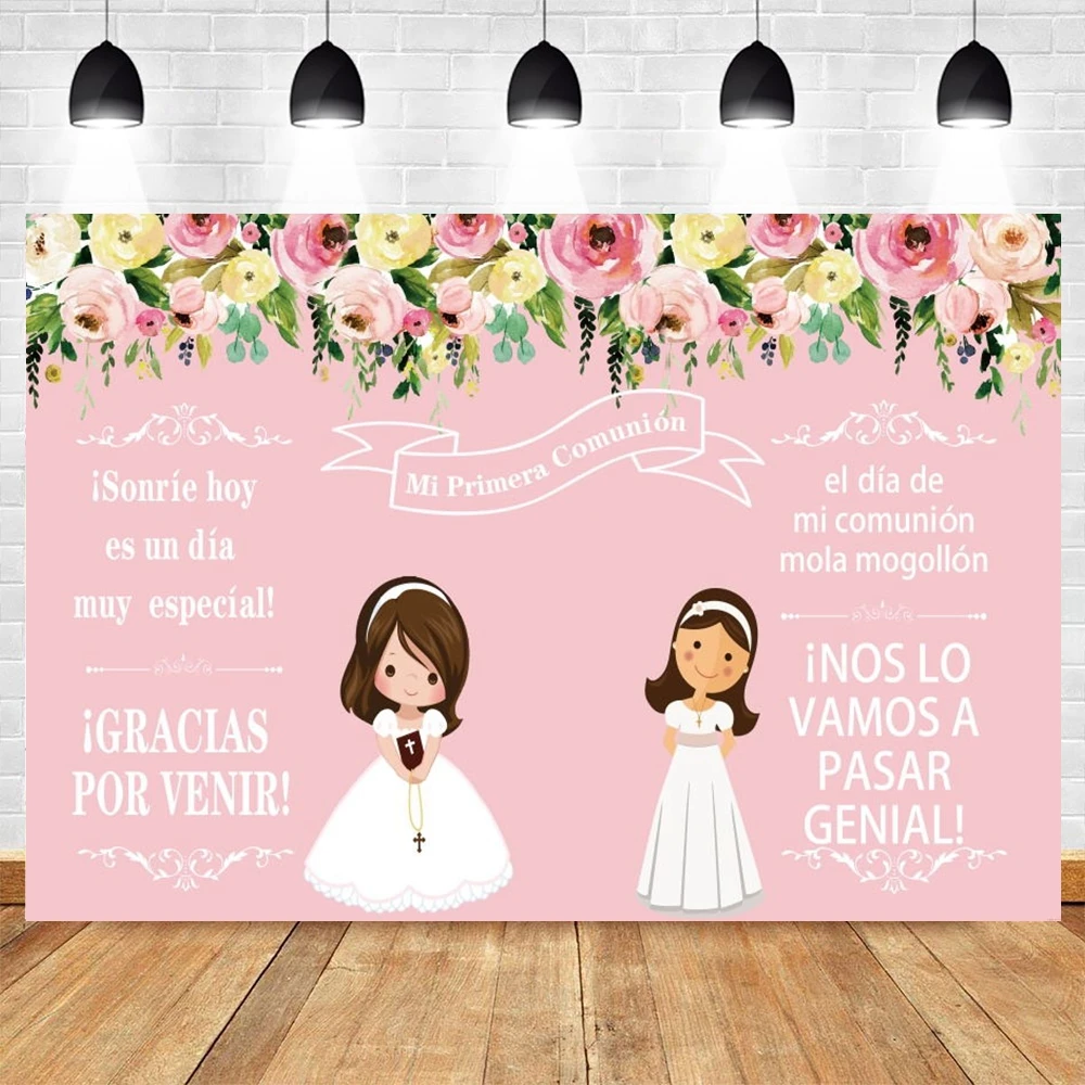 

Holy First Communion Baby Birthday Girl Portrait Photography Background Cross Pink Flowers Photocall Backdrop Photo Studio Shoot