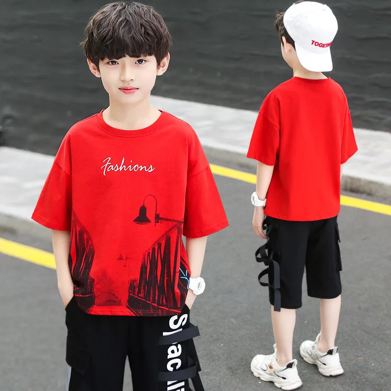 

Teen Boys Summer Clothing Set Fashion Korean Print Short Sleeve T Shirt & Shorts 2pcs New Cool Kids Casual Suits 3 5 7 9 11 12 Y