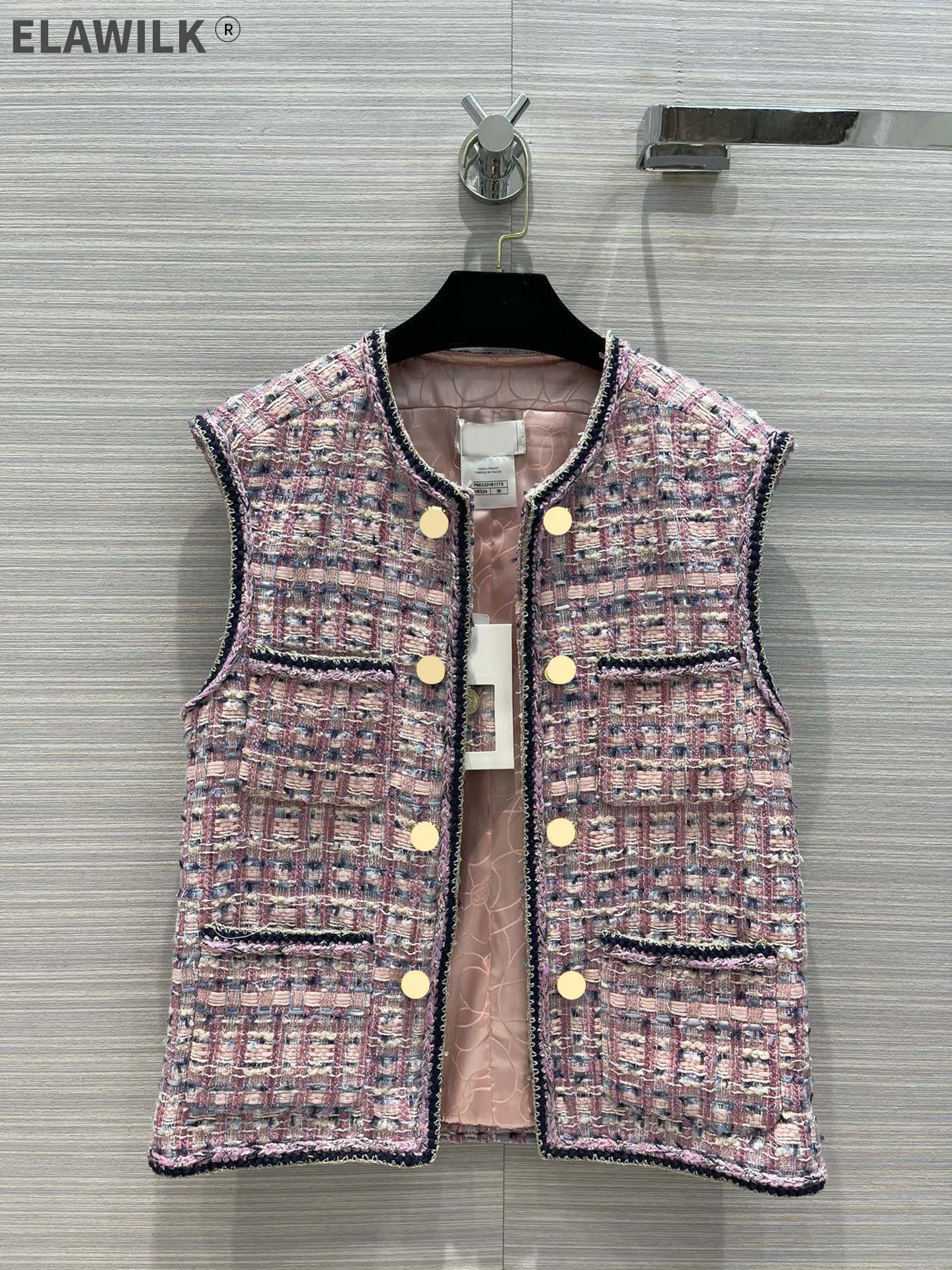 

High Street Sleeveless Coats for Women Autumn New 2021 Top Quality Contrast Hand Knitting Tweed Coats Multi Pocket Jacket Coats