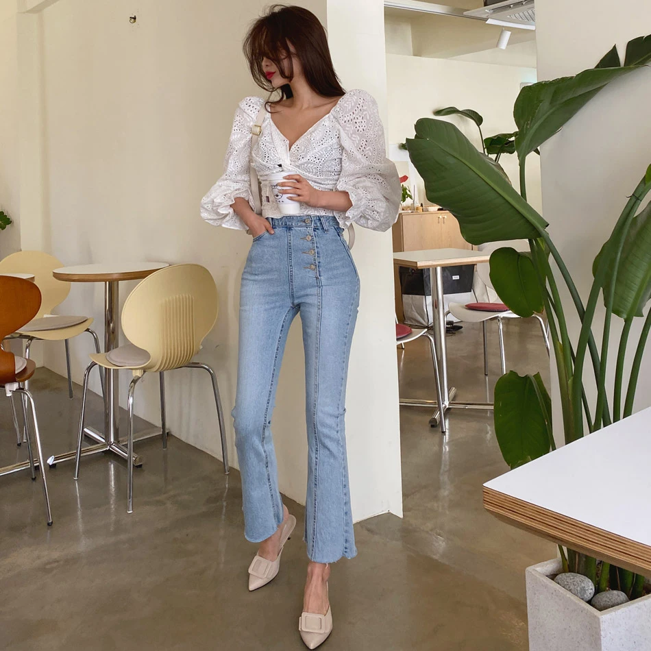 Модные новые женские джинсы с высокой талией Необычные однобортные уличные