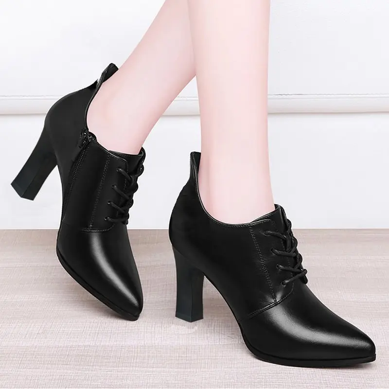 Женские ботинки на шнуровке Черные модельные туфли очень высоком каблуке