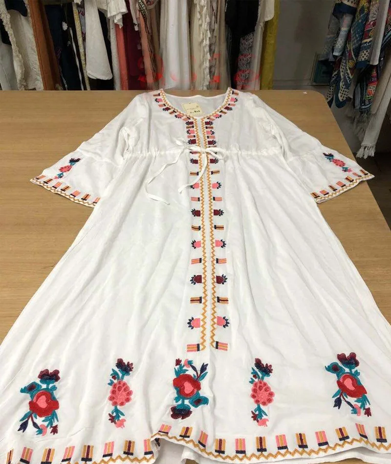

Summer Women Dresses 2021Ethnic Style Embroidery Cotton Linen Dress Female V-neck Flared Long Sleeves Elegant Loose Ladies Dress