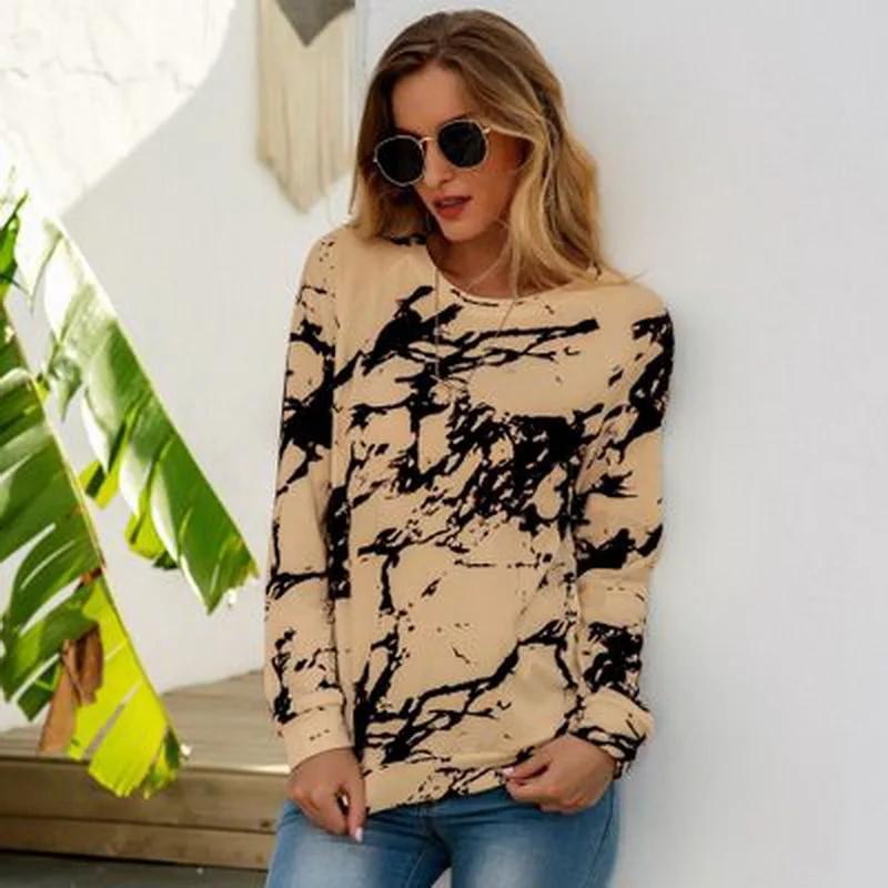 

2020 ladies loose casual fashion round neck shirt tie-dyed printed long sleeve T-shirt women in autumn and winter