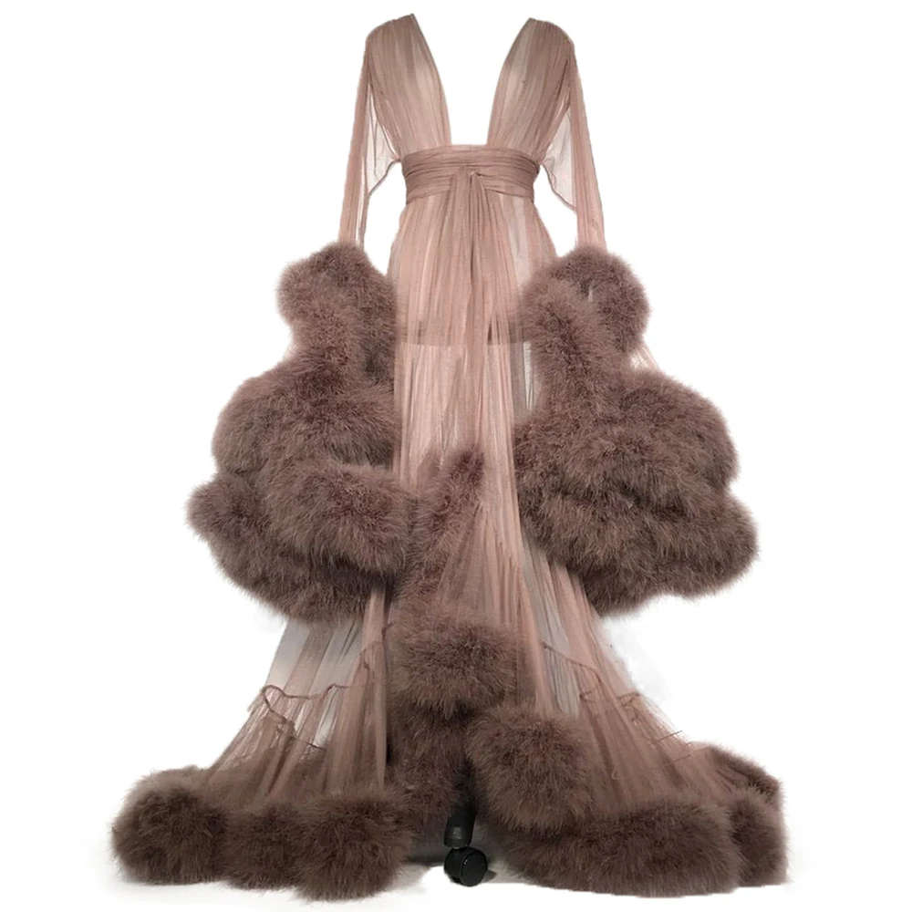 

Custom Violet Bathrobe Sleepwear Women's Feather Robe Long Chiffon Bridal Wedding Nightgown Maternity Photo Photography