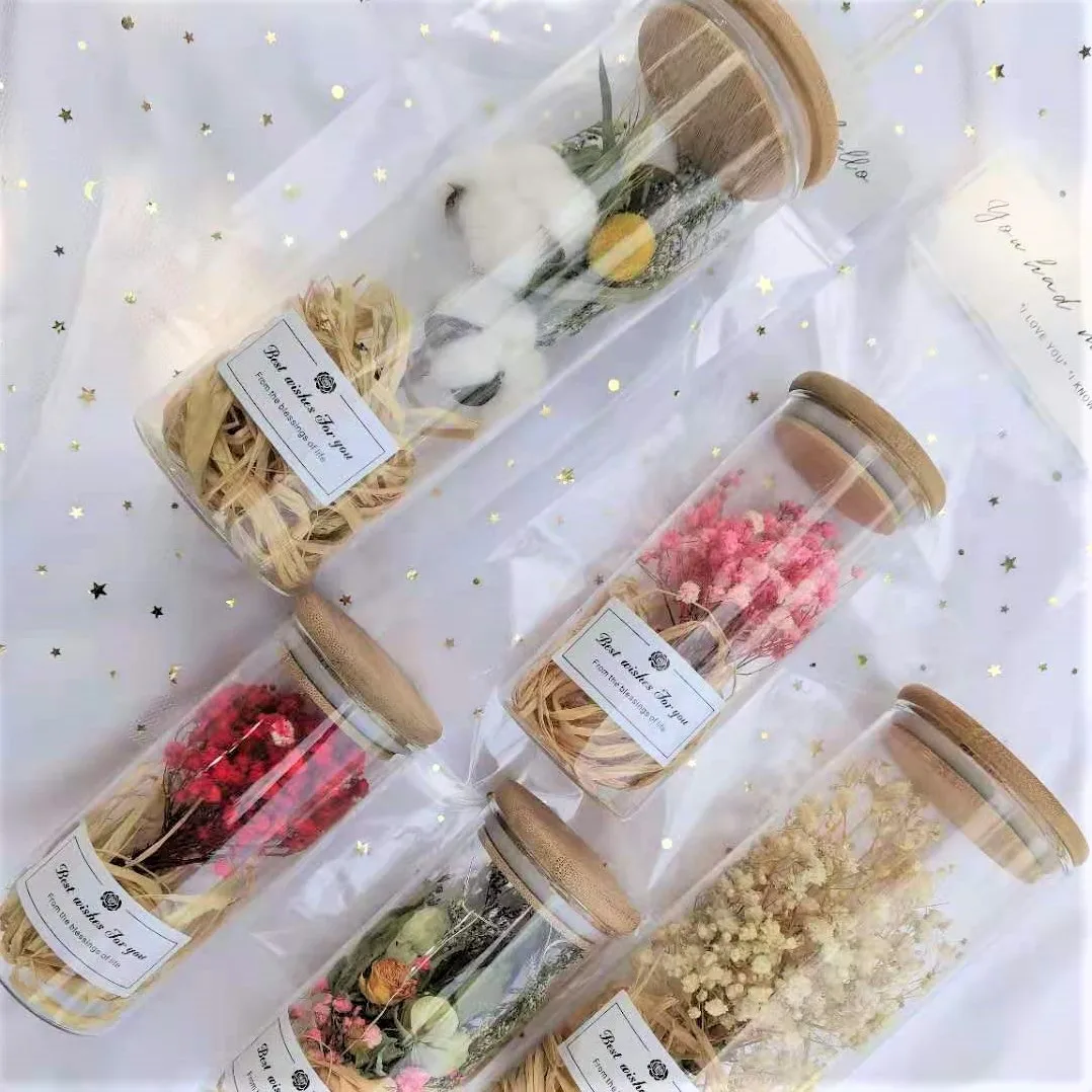 

Valentine's Day Mother's Day Gift Dried Flower Bouquet Luminous Wishing Bottle Glass Bottle Bouquet Gypsophila Rose Kapok