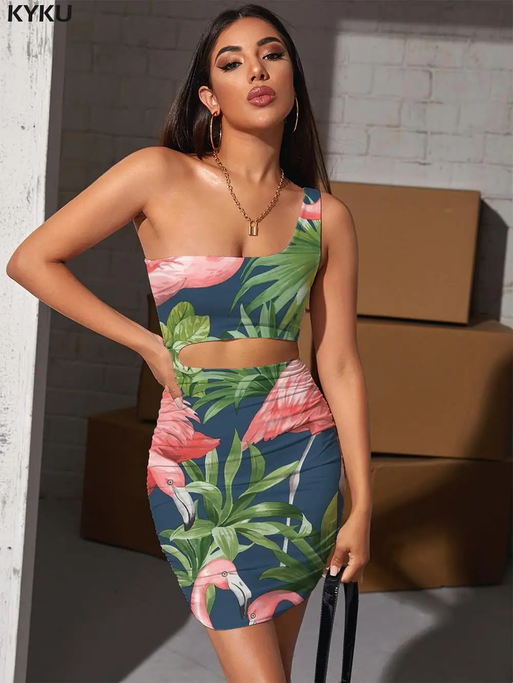 

KYKU Flamingo Dress Women Animal 3d Print Leaves Hollow out Dresses Painting Vestido Sexy Womens Clothing Plus Size Short Beach