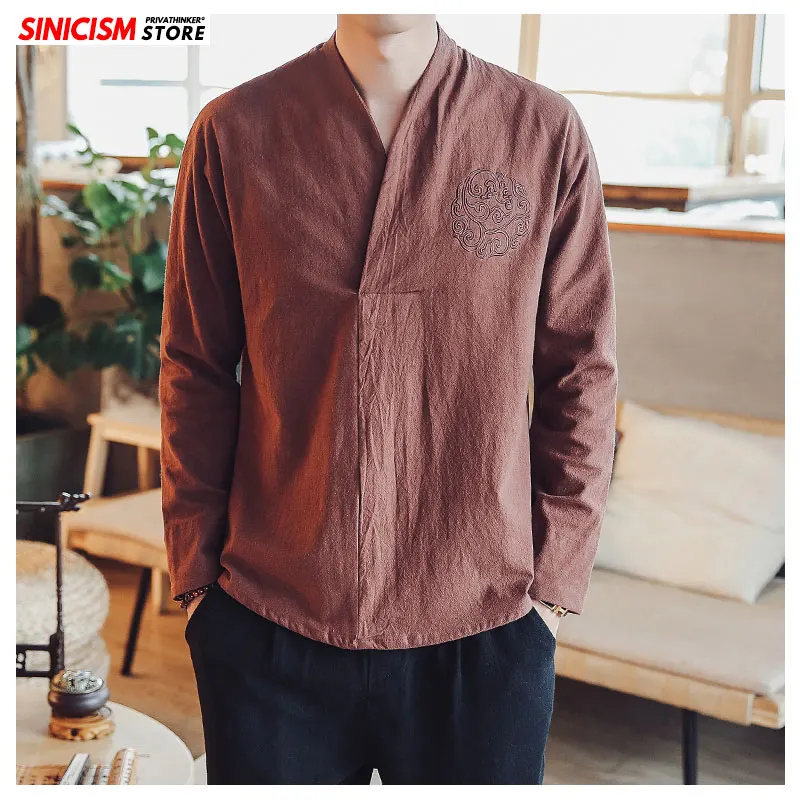 Sinicism Store мужской хлопок; Лен; с вышивкой футболки с длинными рукавами мужские оверсайз 3 цветные футболки мужские осенние повседневные футболки
