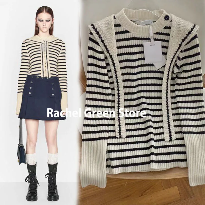 

luxury designer 2021 Autumn Series sweater women Navy Style Sailor Collar Stripes Contrast Color wool blended woman sweaters S-L