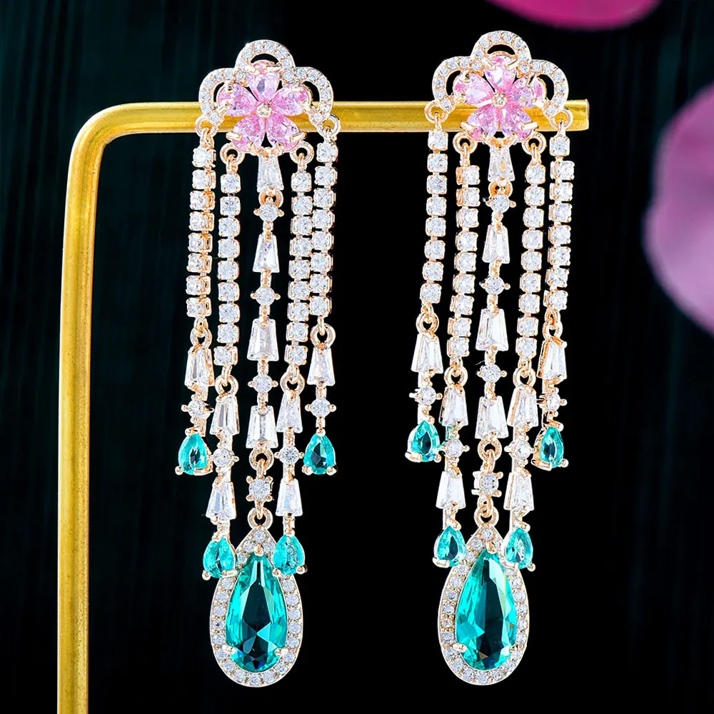 

SisCathy luxury Full Cubic Zirconia flower water Drop Earrings for Women Fashion long Crystal tassel Pendant Earring jewelry