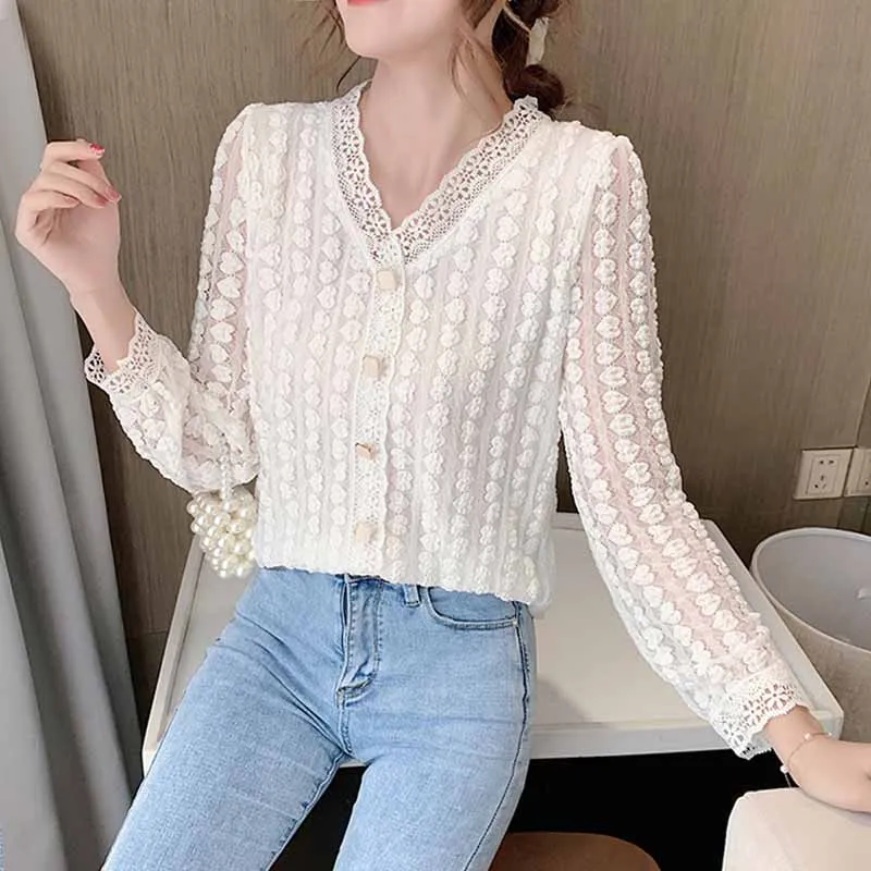 Женская Офисная кружевная блузка ажурная Блузка с V образным вырезом и длинными