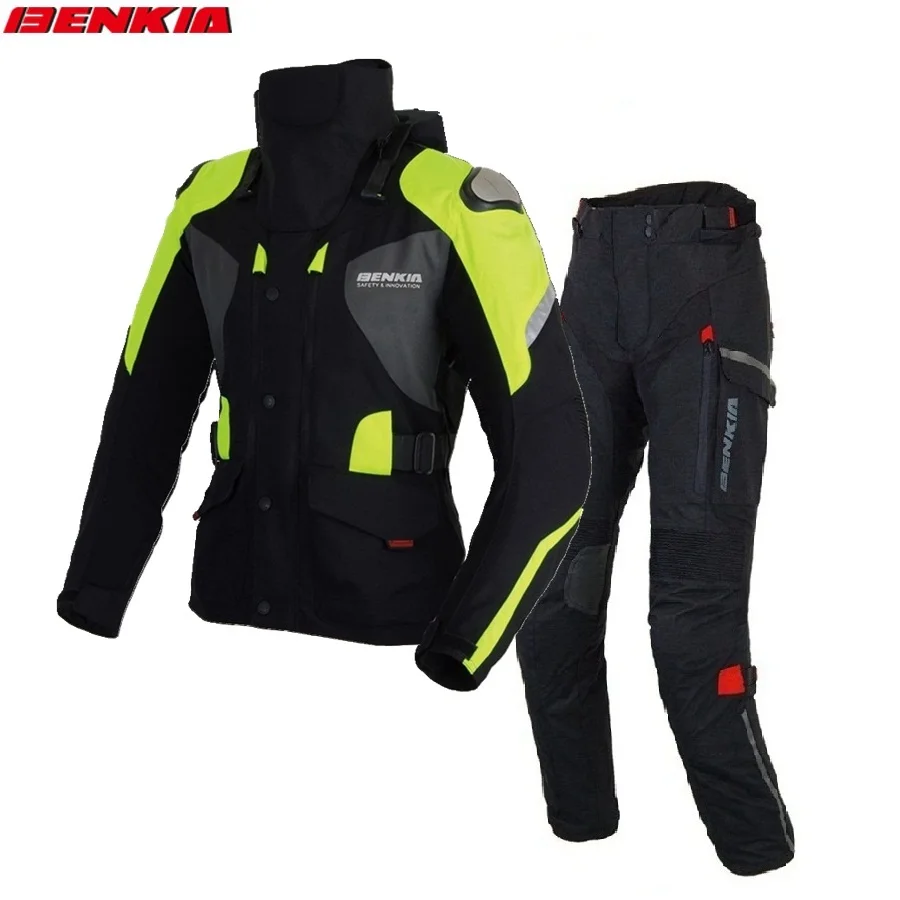 Fluorescent green 1 комплект Женская зимняя водонепроницаемая теплая Защитная куртка для шеи светоотражающий светильник мотоциклетная куртка и штаны для мотокросса - Цвет: Fluorescent green