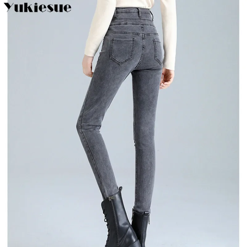 Женские эластичные джинсы с высокой талией зимние плюшевые теплые обтягивающие