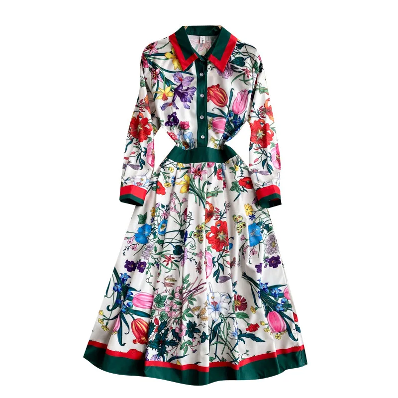 

2021 Summer New European Women's Fashion Print Vestidos Lapel Stitching Temperament Slim Midi Dress DK318