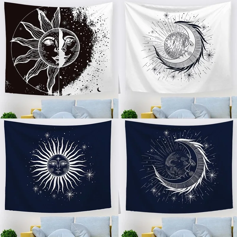 

Гобелен с мандалой, белый, черный, солнце и луна, фоновое настенное покрытие, украшение для дома, настенное одеяло для спальни, настенное укр...
