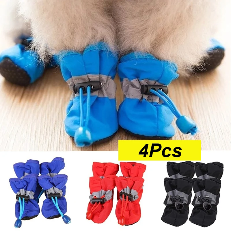 

4 шт. Обувь для собак и щенков нейлоновая ткань Водонепроницаемая зимняя обувь для собак безопасная и регулируемая нескользящая резиновая п...