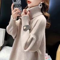 fashion thick high collar black knitted sweater women tops autumn winter loose 3 color knitted turtleneck pullover ladies jumper