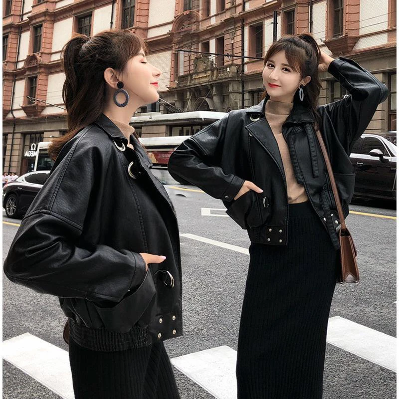 Куртка женская мотоциклетная короткая из ПУ кожи на весну/осень | Женская одежда