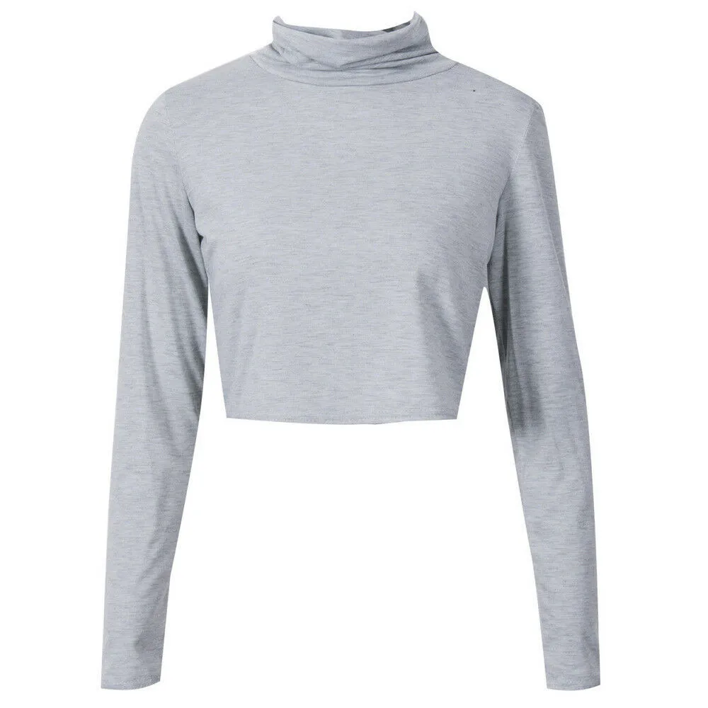 

Womens Turtleneck Crop Tops T Shirts Solid Long Sleeve Stretch Sexy Bottoming Leotard Tops harajuku t shirt women Autumn 2020