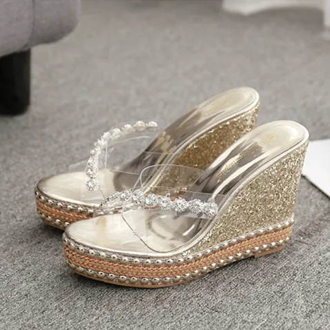 Overheight With Thick Bottom Modern Slippers Women Outside Summer Wedges Bling Sexy Sequin cloth 11cm High Heels High Quality