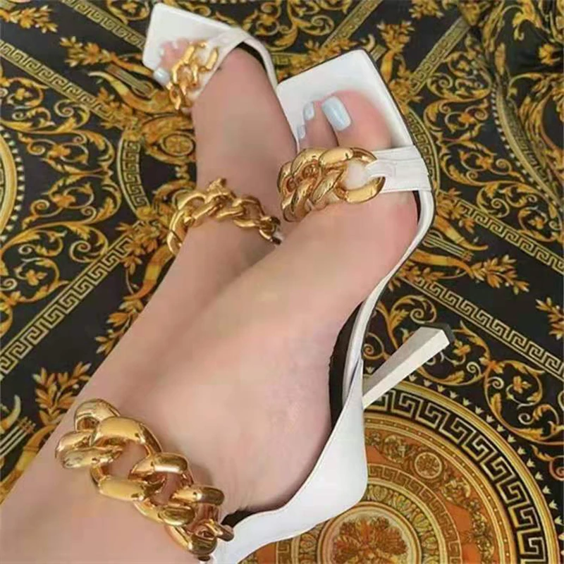 

Women's Sexy Sandals Pumps Chain High Heels Summer Shoes Metal Party Fashion Square Toe Cross Tied Female Footwear Plus Size