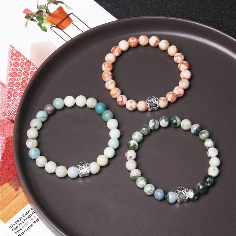 

Natural Chakra Stone Beads Bangle Blue Amzonite Bracelets For Men Silver Color Paw Charm Bracelets Women Vintage Elastic Pulsera