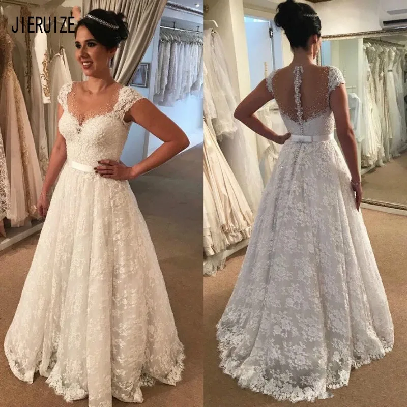 

JIERUIZE Modest sheer Neck Wedding Gowns jewel Cap Sleeves See Through Button Back Lace Wedding Dress Vestido De Noiva