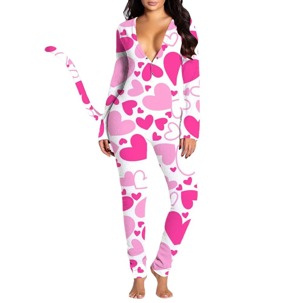 

2021 Spring Autumn Women New Sexy Deep V-Neck Digital Printing Long-Sleeved Tail Slim Jumpsuit Home Female Bodycon Rompers Femme