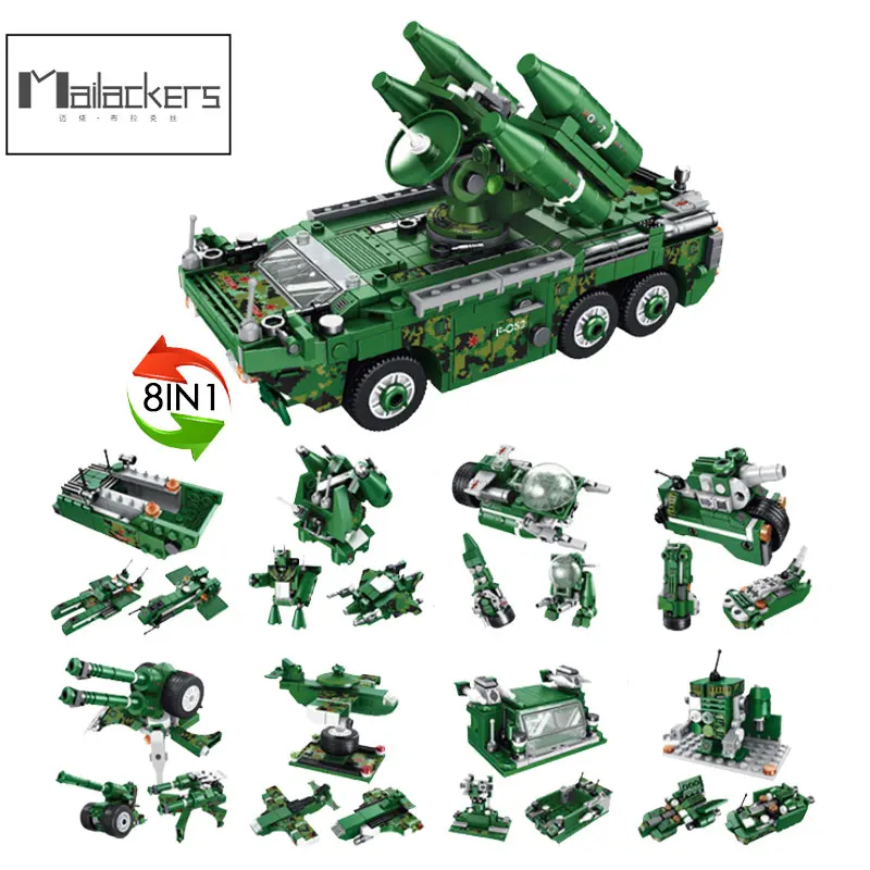 

Mailackers 598 шт. Военная полевая ракета, автомобиль, строительный блок, модель грузовика, Классический 8 в 1, боевой кирпич, игрушки