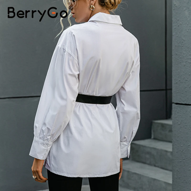 

BerryGo Long sleeves belt office white cotton shirt women Wrinkle fashion pleated long shirt 2021 Spring summer loose female top