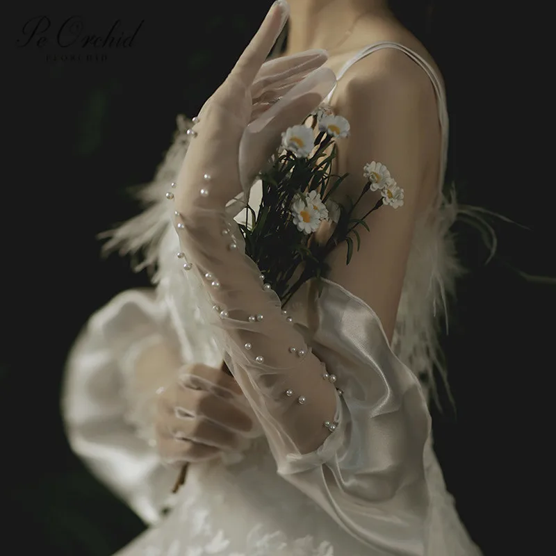 

Элегантные женские перчатки до локтя PEORCHID, вечерние длинные перчатки из тюля, атласные перчатки с жемчугом, свадебные аксессуары для невесты, 2021