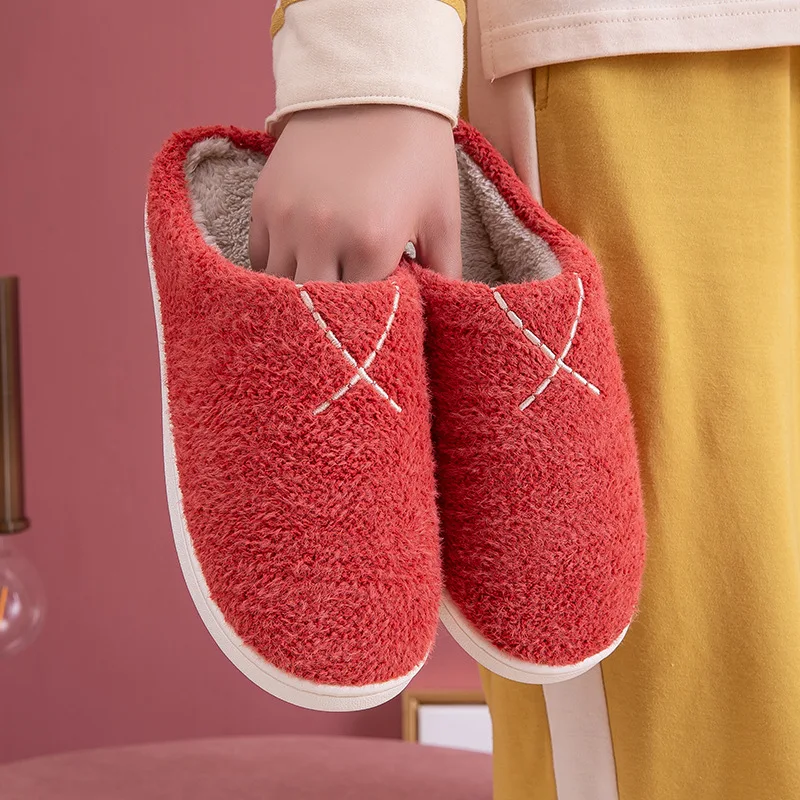 

Women Winter Slippers Solid Color Warm Plush Lovers Home Floor Shoes Slip-on Comfortable Female Indoor Cotton Slipper SH481