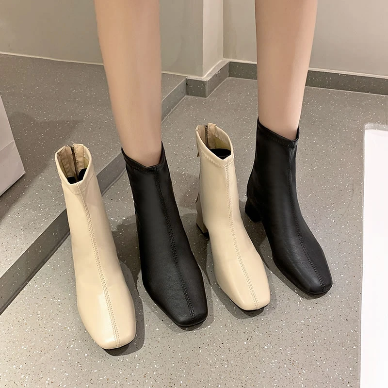 Ботинки женские на толстом каблуке мягкие кожаные короткие тонкие сапоги