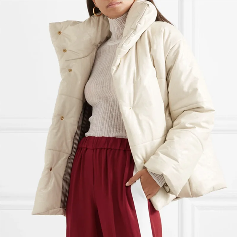 

2021New Big Lapel Short Bread Women Casual Coat Cotton Winter PU Leather Overcoat Fashion High Quality Male All-Match Jacket