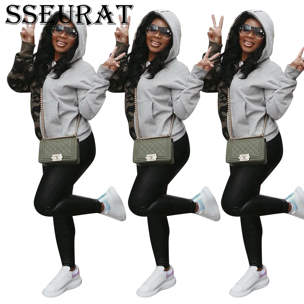 

SSEURAT Women Coat Fashion Street Hipster Camouflage Patchwork Hooded Double Zipper Coat