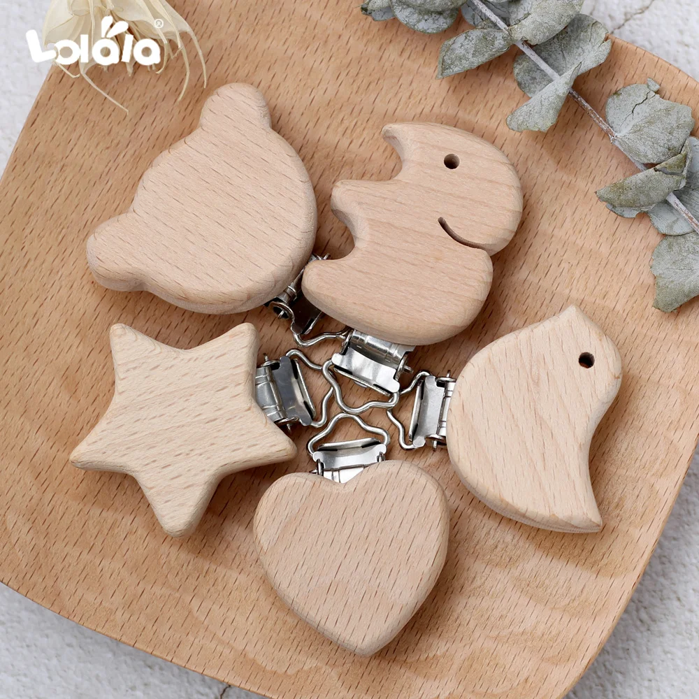

10PCs Wood Nipple Chain Accessories Cute Modelling Beech Small Elephant Bird Bear AnimalStar Heart-Shaped Baby Pacifier Clip