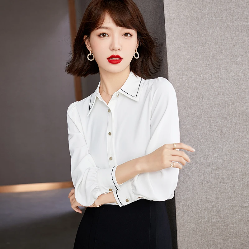 

Рубашка женская шифоновая однобортная с длинным рукавом и V-образным вырезом