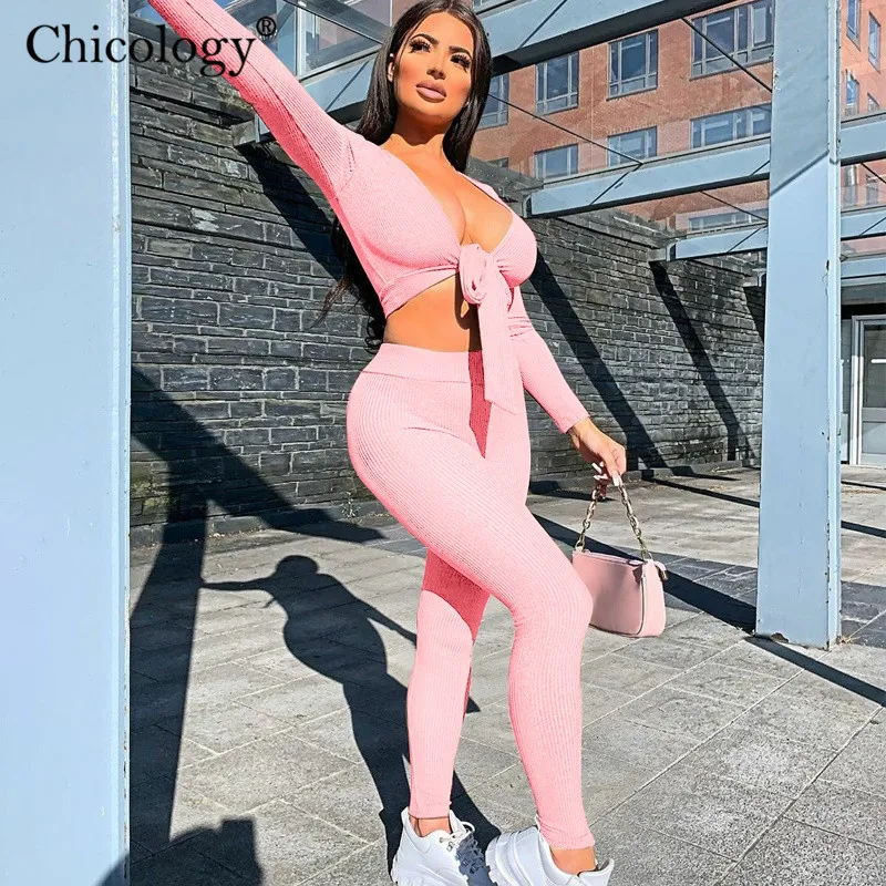 Chicology lace up sexy two piece matching set long sleeve top pants 2 pc club outfits women 2020 winter fall birthday clothes |