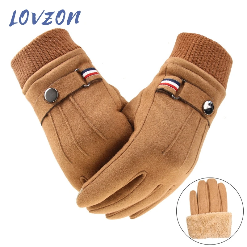 

LOVZON Men's Gloves Suede Keep Warm Touch Screen Windproof Driving Guantes Thick Cashmere Anti Slip Outdoor Male Leather Gloves