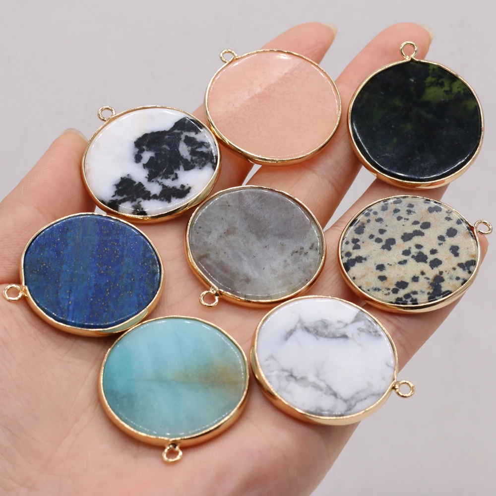 

Natural Semi-precious Stones Circular Gilded Edge Pendant DIY 30x35mm for Jewelry Making Necklaces Accessories Gift