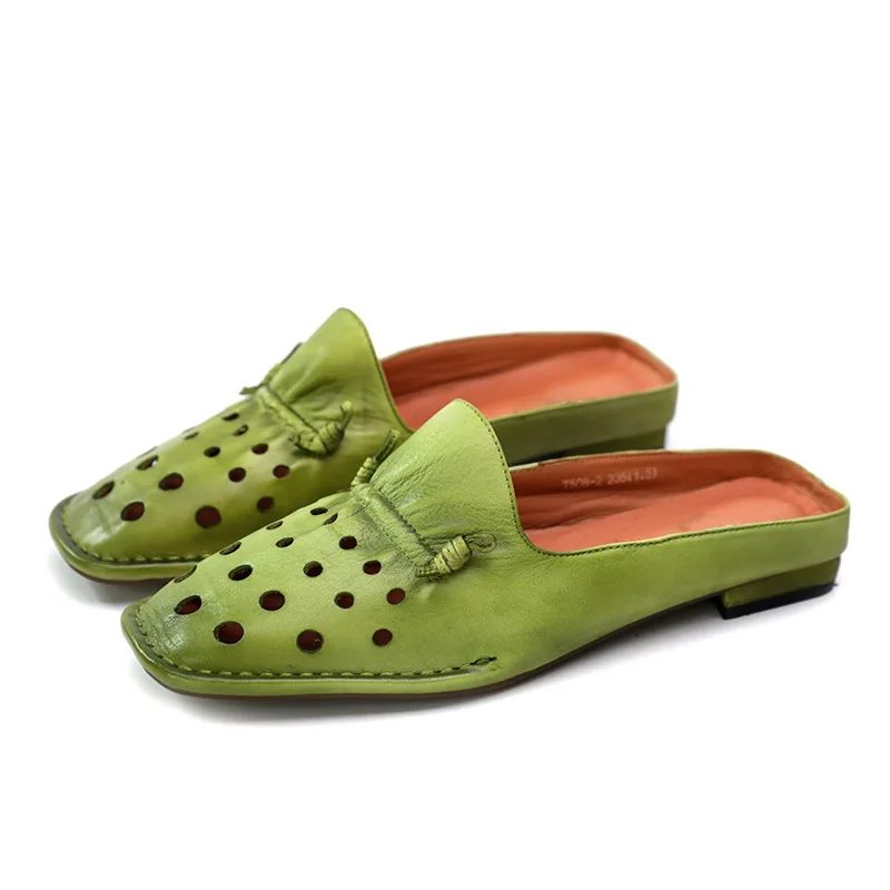 

YourSeason Ladies Genuine Leather Summer Slippers Flat With Outside Slides Handmade Women 2021 Hollow Vintage Slippers
