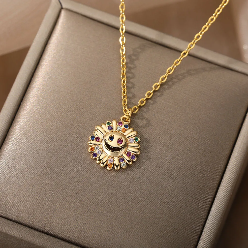

Coloured Sunflower Smiley Necklace For Women Stainless Steel Gold Smiling Face Pendant Choker Necklaces Femme Party Jewelry Gift