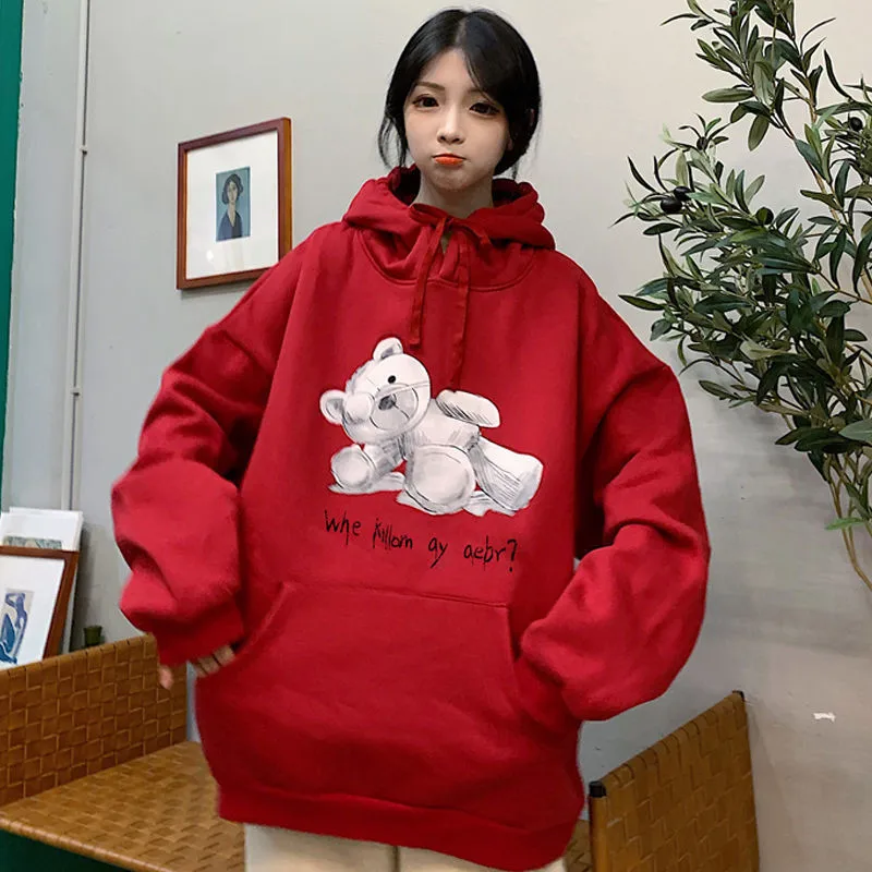 

Harajuku Japan Loose Kawaii Bear Tops Female Loose Sweety Sweatshirt Holiday Loose Spring Japan Long Sleeve Hoodie Streetwear