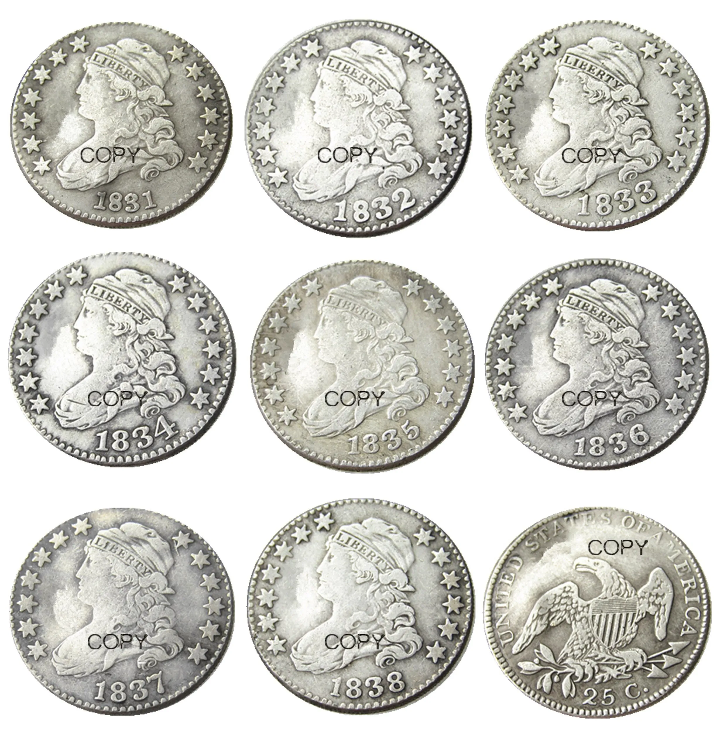

US Capped A set of(1831-1838)8pcs Quater Dollar Silver Plated Copy Coin