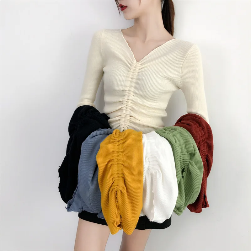 

Женский трикотажный свитер с V-образным вырезом, с длинным рукавом